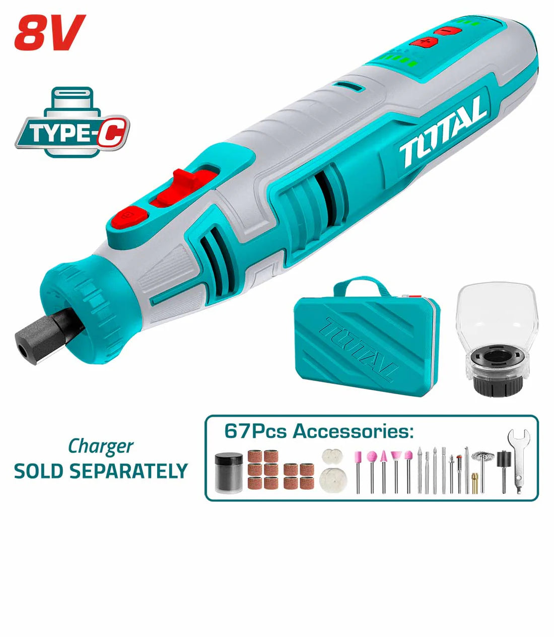 TOTAL TMGLI0801 8V Cordless Mini Grinder with 67 Accessories and Canvas Storage Bag